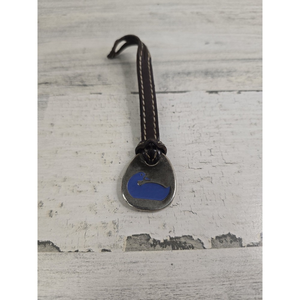 Dooney & Bourke Vintage Duck Logo Bag Charm Blue Enamel Silver Brown Leather Fob